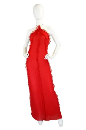 1970s Ruffled Silk Chiffon Bill Blass Bias Cut Dress