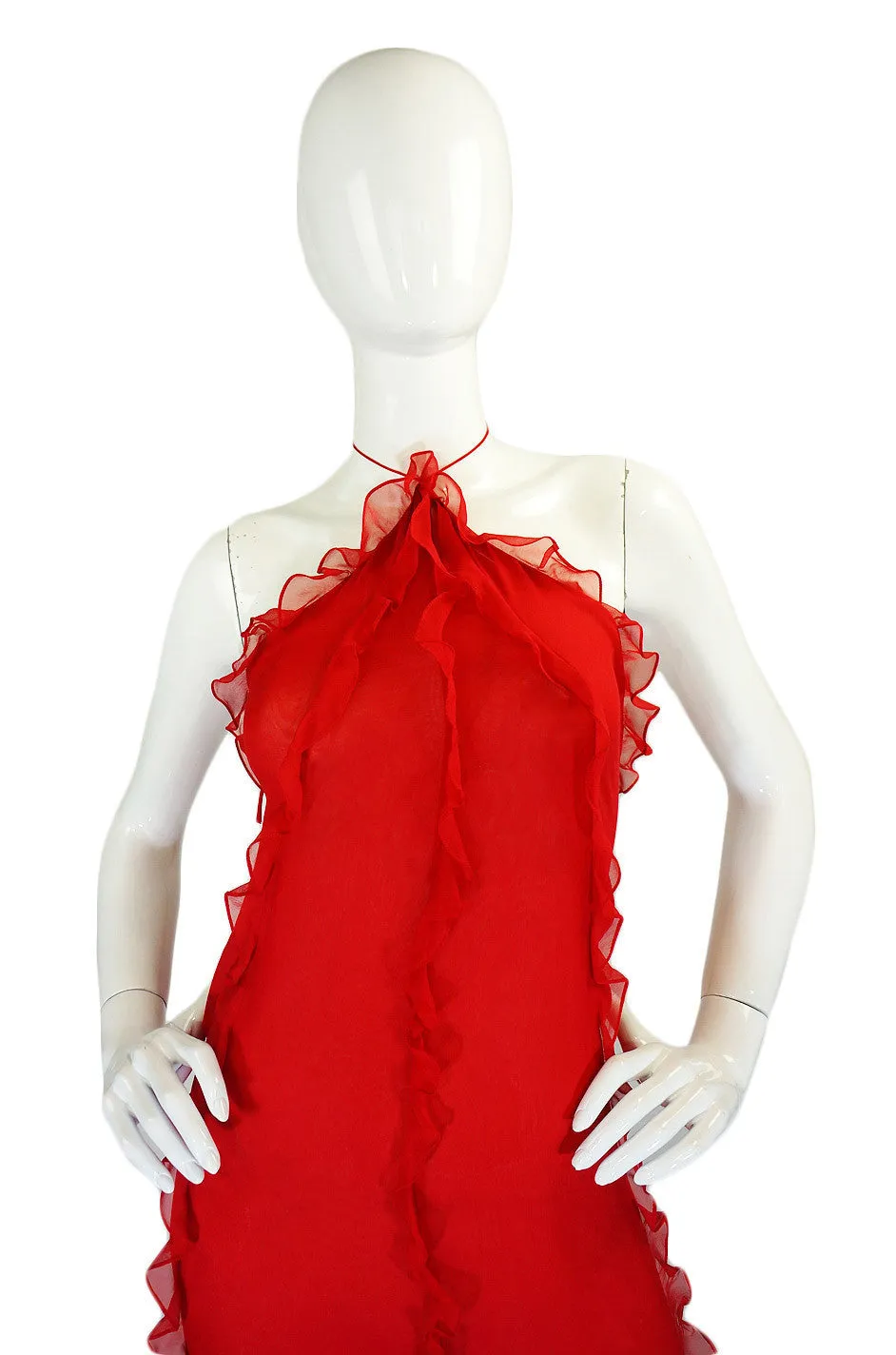 1970s Ruffled Silk Chiffon Bill Blass Bias Cut Dress