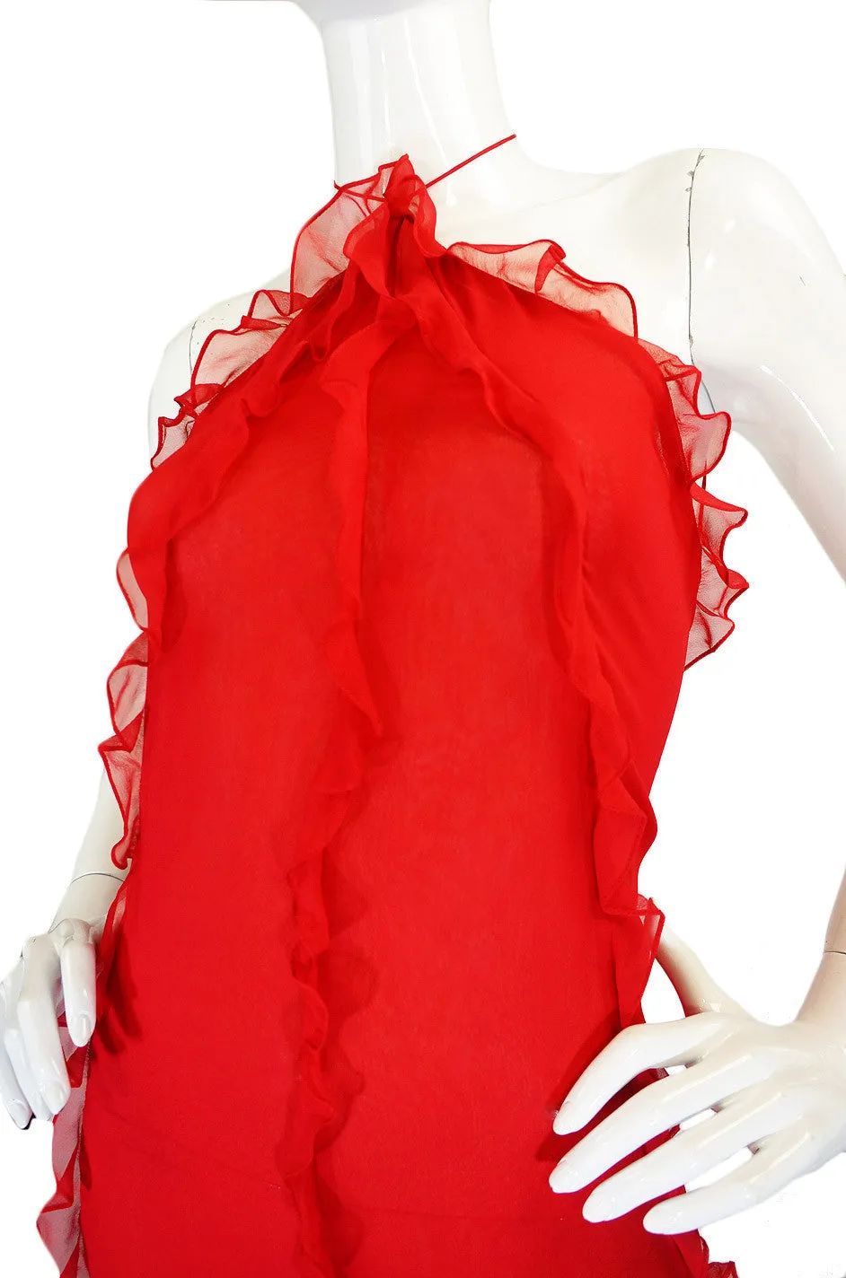 1970s Ruffled Silk Chiffon Bill Blass Bias Cut Dress