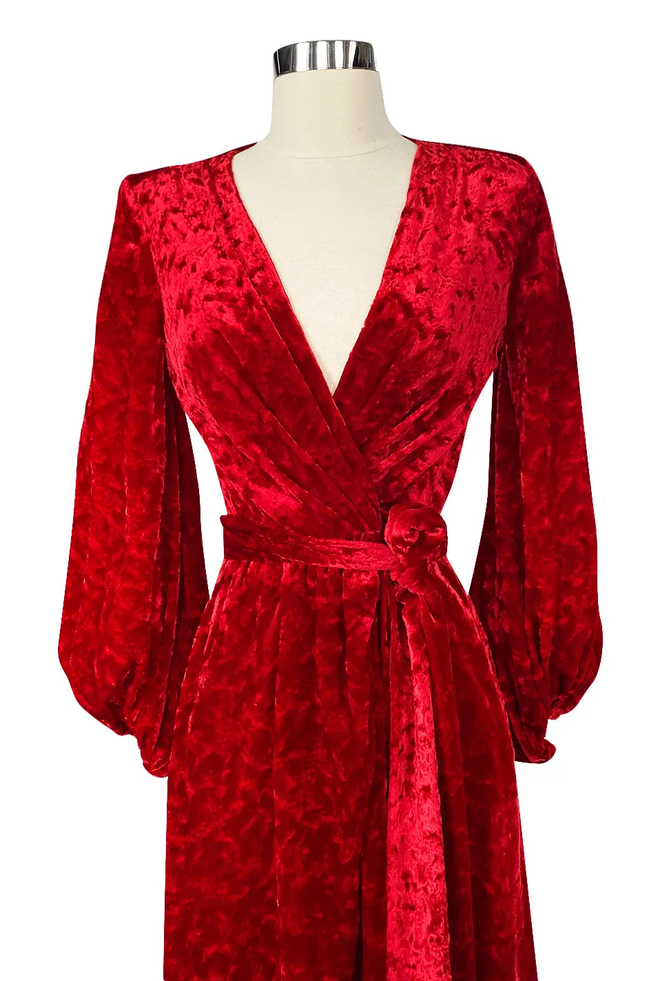 1985 Yves Saint Laurent Red Crushed Velvet Wrap Plunge Dress