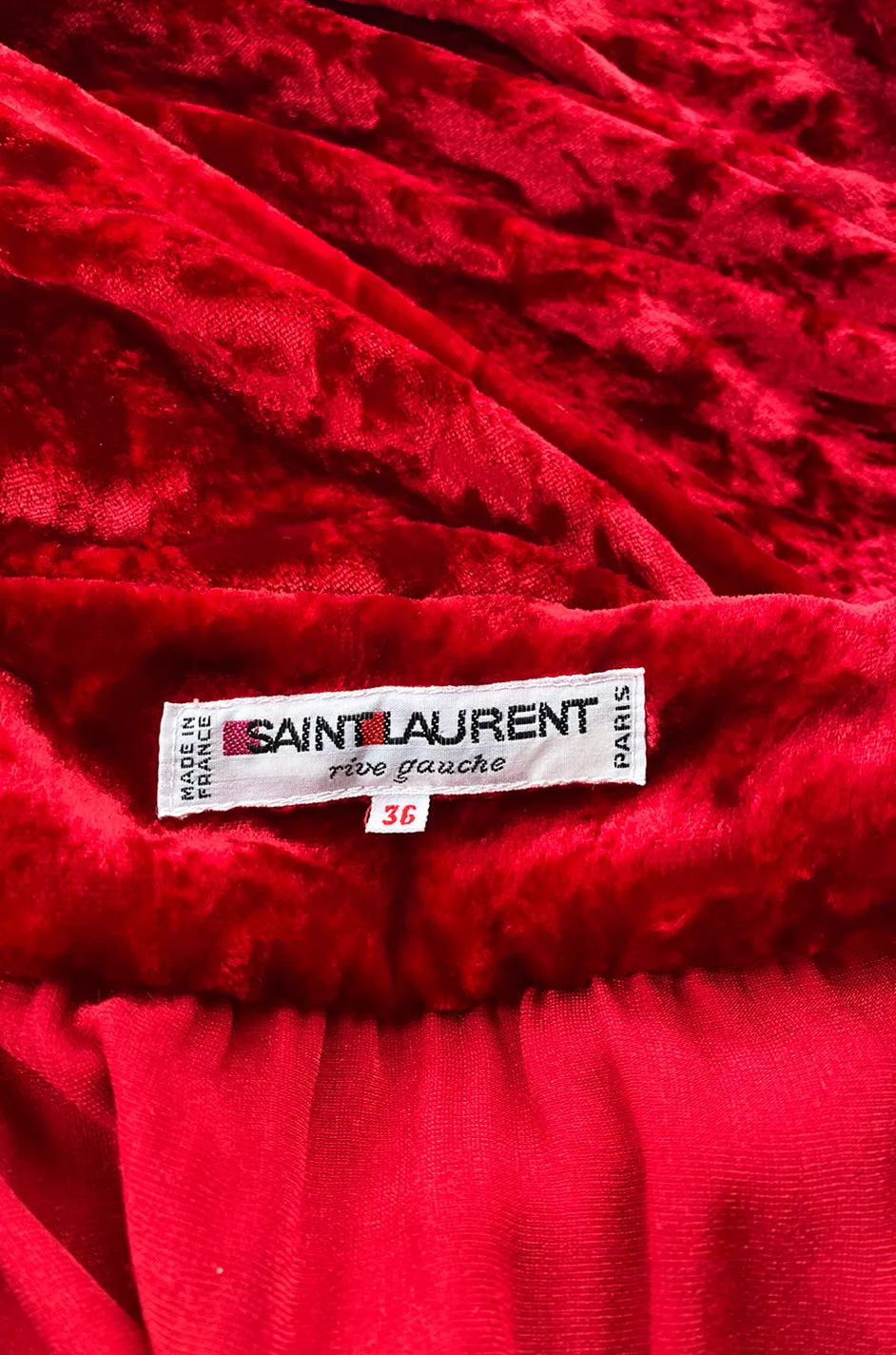 1985 Yves Saint Laurent Red Crushed Velvet Wrap Plunge Dress