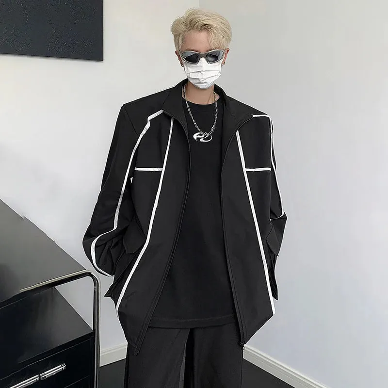 American Male Jacket Casual Contrast Color Stripe Zippers Vintage Stand Collar Loose Men‘s Coats Autumn Chic 9C6700
