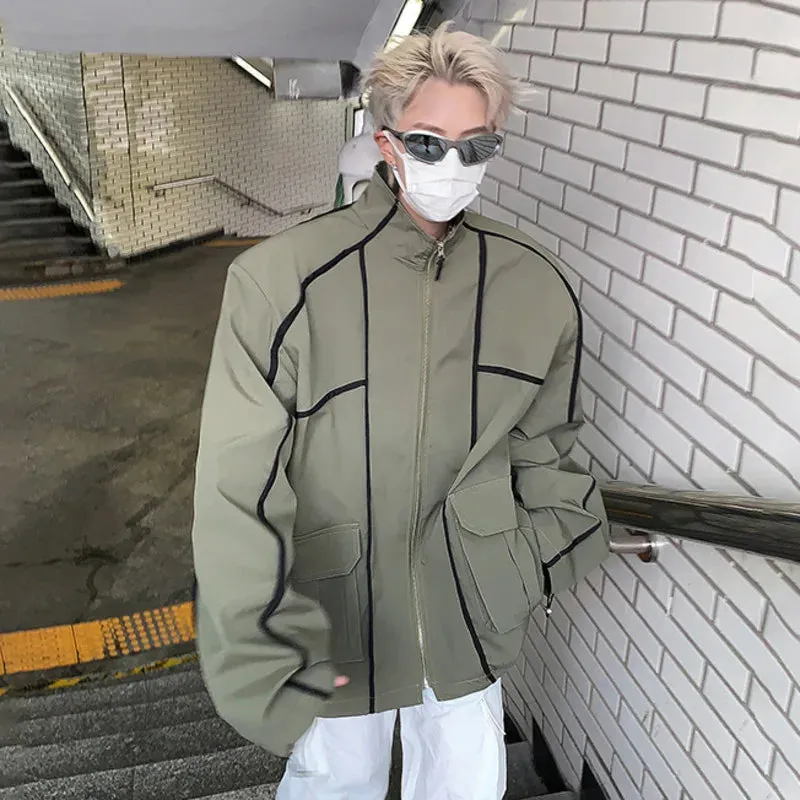 American Male Jacket Casual Contrast Color Stripe Zippers Vintage Stand Collar Loose Men‘s Coats Autumn Chic 9C6700