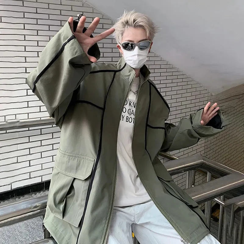 American Male Jacket Casual Contrast Color Stripe Zippers Vintage Stand Collar Loose Men‘s Coats Autumn Chic 9C6700