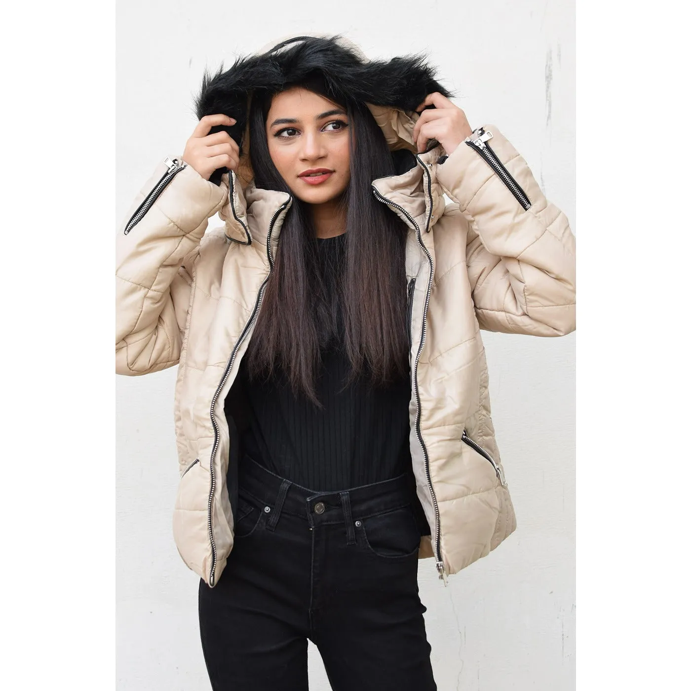 Beige Hooded Puffer Jacket