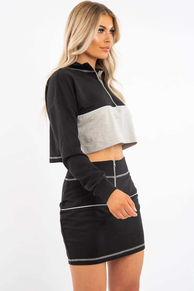 Black Grey Cropped Zip Jumper Skirt Co-ord - Hestia