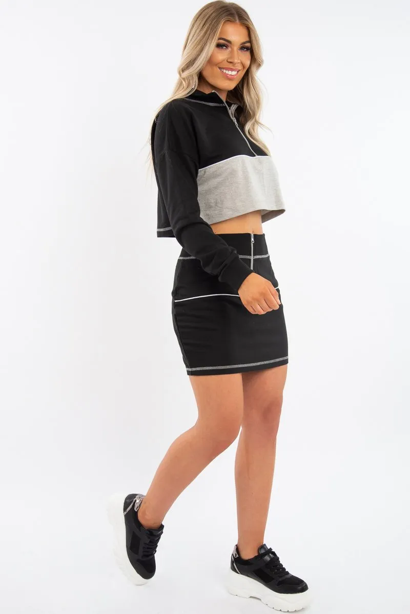 Black Grey Cropped Zip Jumper Skirt Co-ord - Hestia