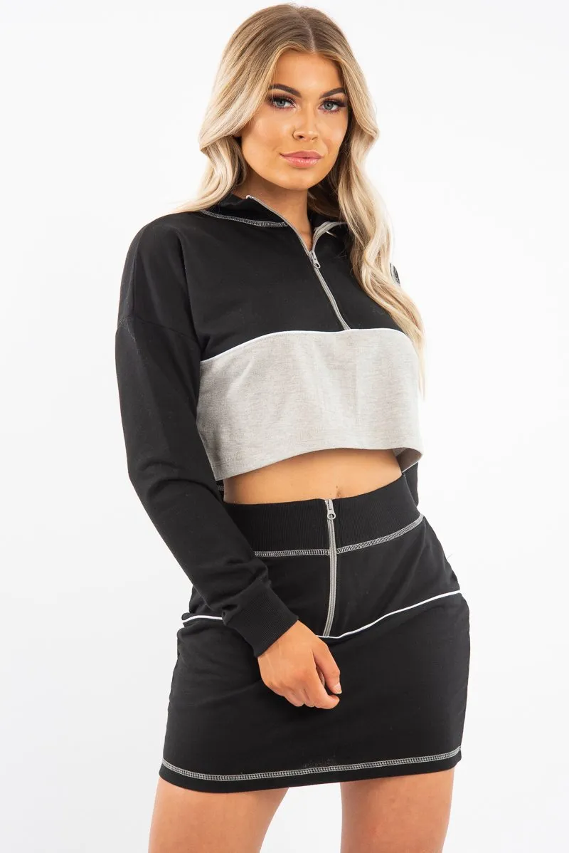 Black Grey Cropped Zip Jumper Skirt Co-ord - Hestia