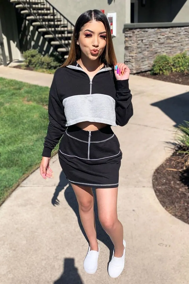 Black Grey Cropped Zip Jumper Skirt Co-ord - Hestia