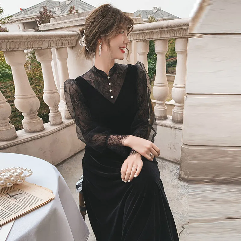 Black Long-Sleeved Evening Dress for Women  Spring and Summer New Host Annual Meeting Velvet plus Size Daily Wearable Dress