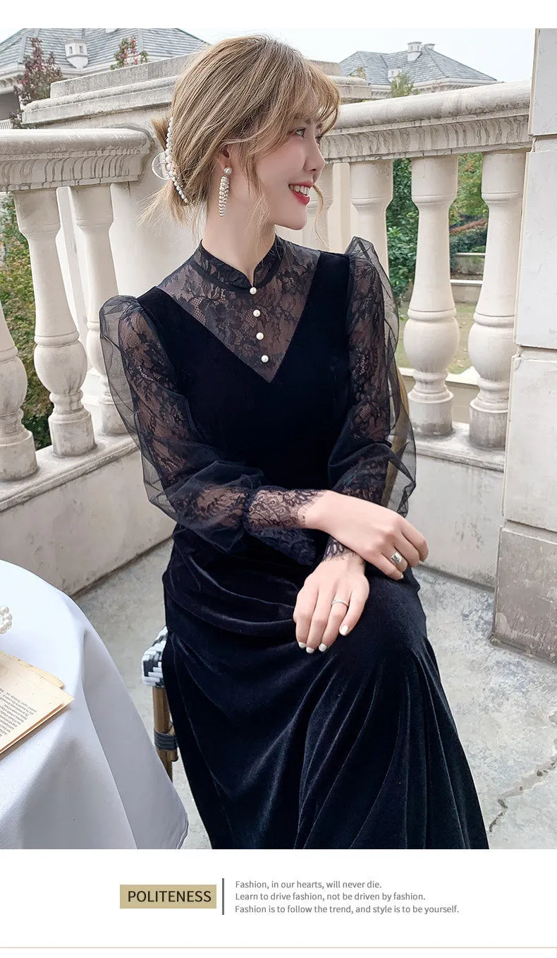Black Long-Sleeved Evening Dress for Women  Spring and Summer New Host Annual Meeting Velvet plus Size Daily Wearable Dress