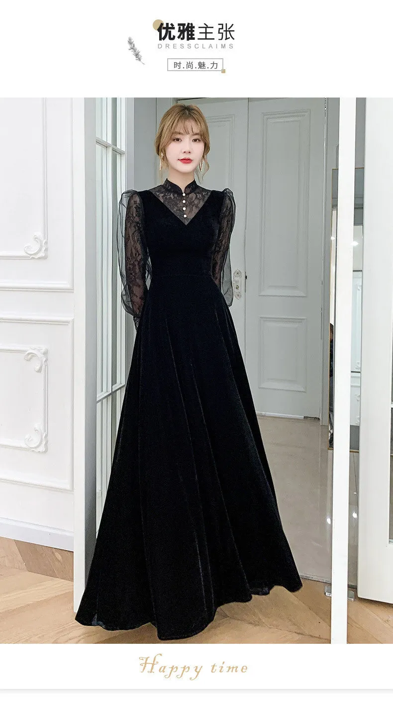 Black Long-Sleeved Evening Dress for Women  Spring and Summer New Host Annual Meeting Velvet plus Size Daily Wearable Dress