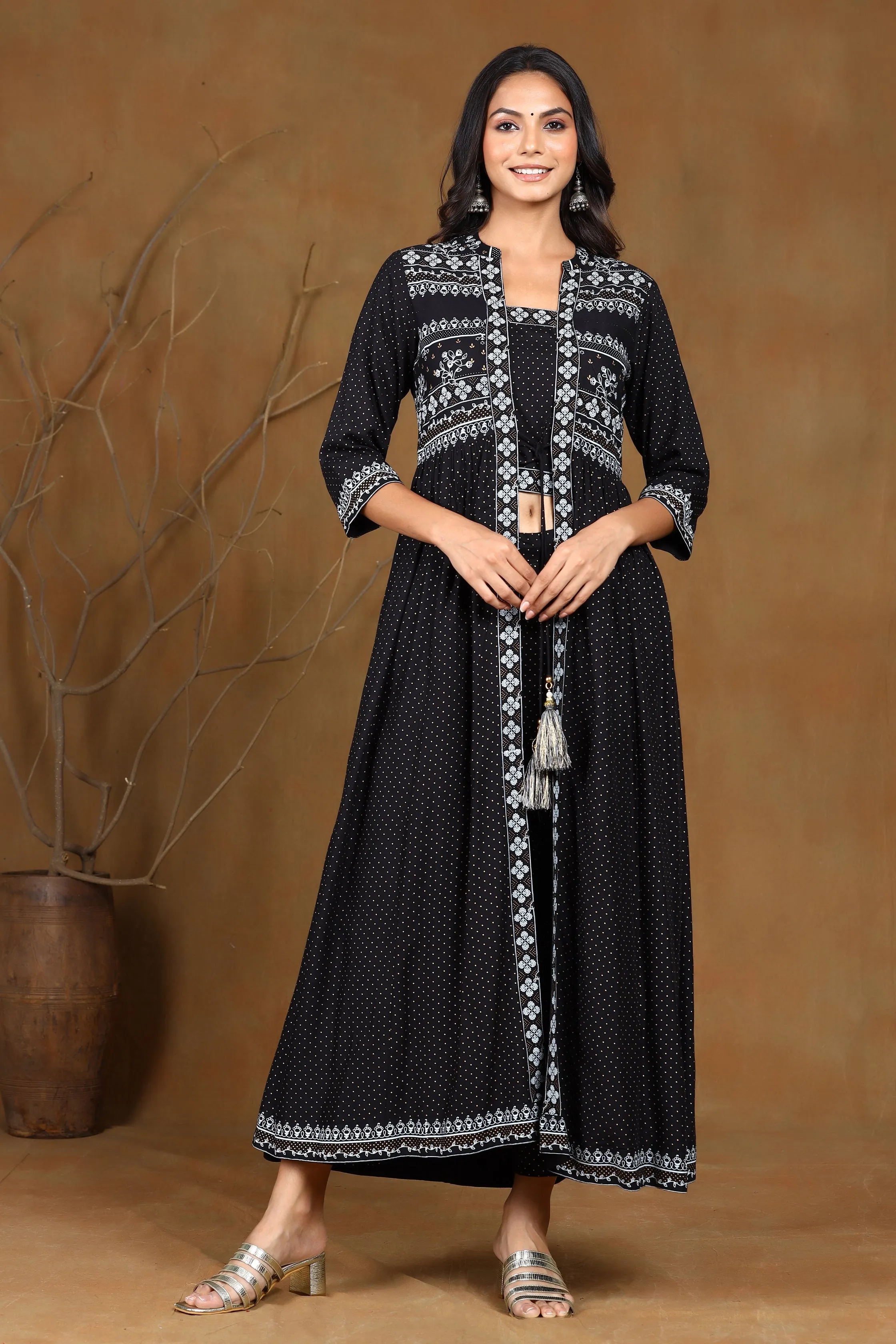 Black Rayon Printed Jacket Style Kurta & Pants Set