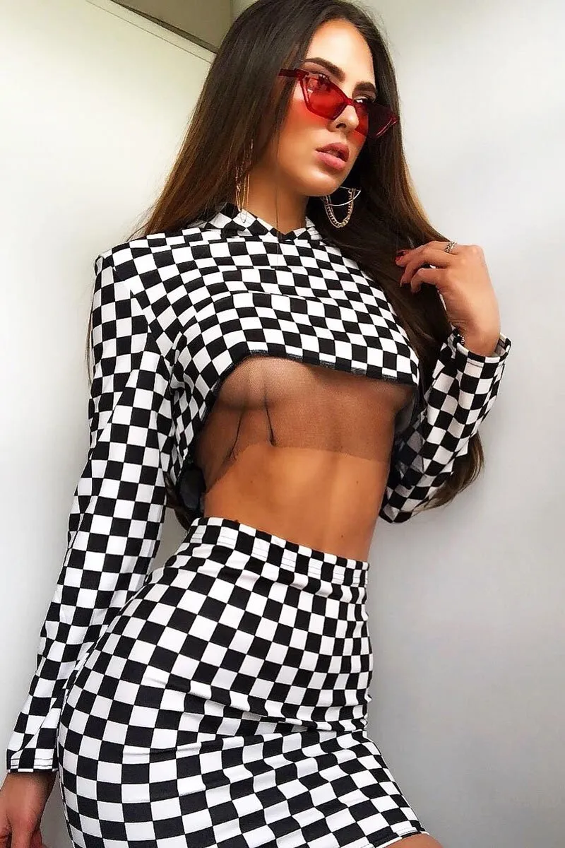 Checker Board Print Hooded Crop Top and Skirt Co - ord - Braelyn