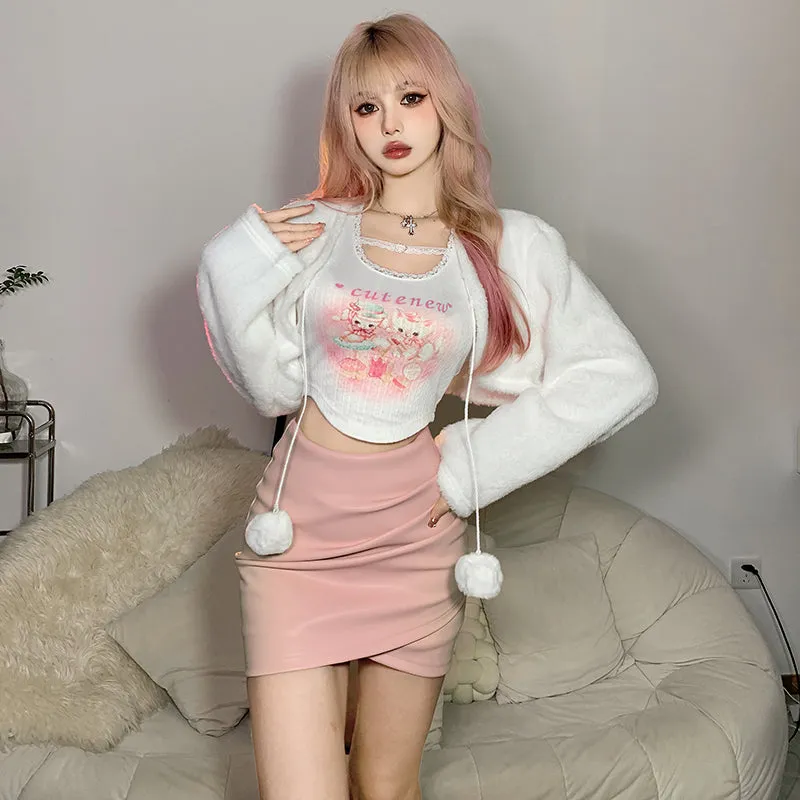 Chic Kitty Crop Top Pom Pom Cardigan Two Piece Set