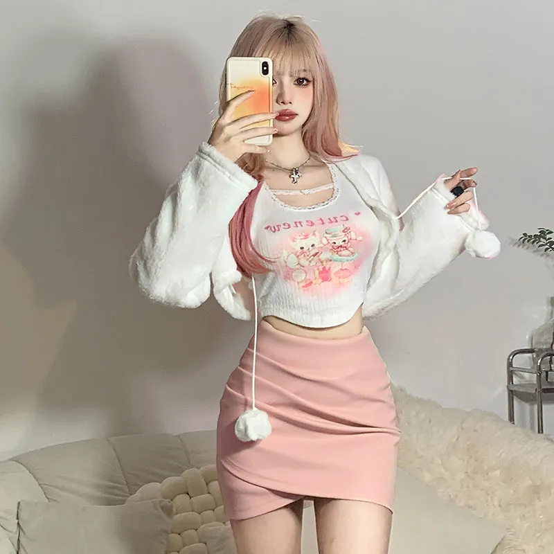 Chic Kitty Crop Top Pom Pom Cardigan Two Piece Set