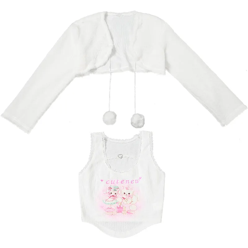 Chic Kitty Crop Top Pom Pom Cardigan Two Piece Set