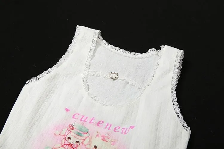 Chic Kitty Crop Top Pom Pom Cardigan Two Piece Set