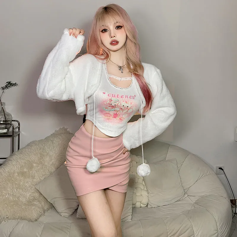 Chic Kitty Crop Top Pom Pom Cardigan Two Piece Set
