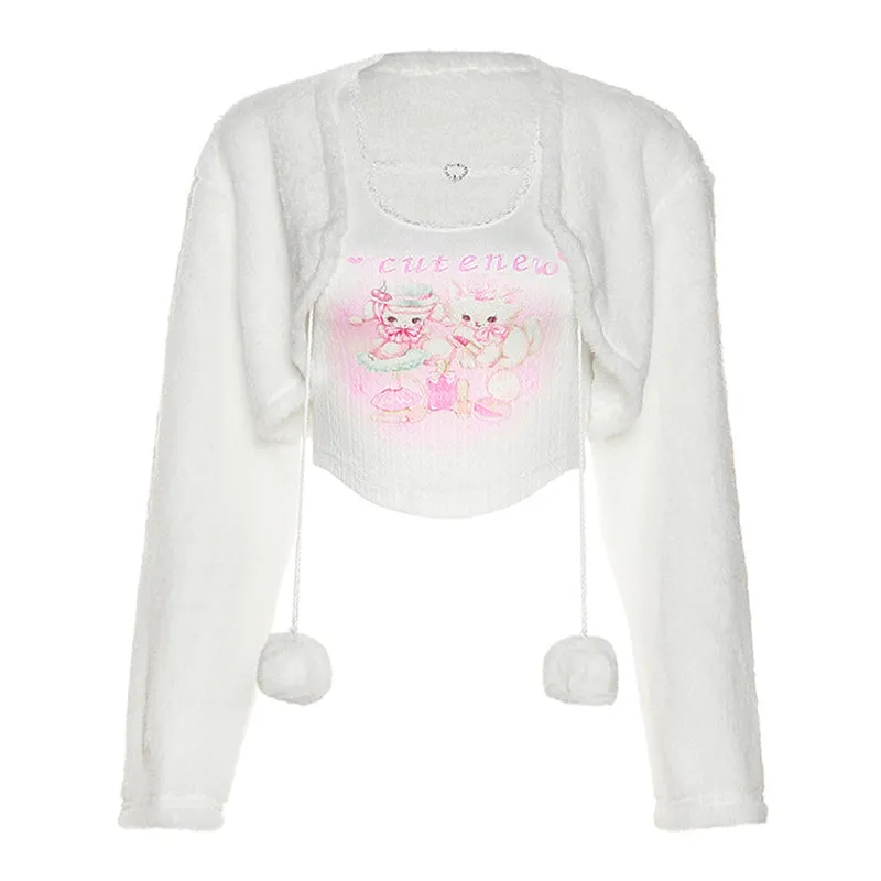 Chic Kitty Crop Top Pom Pom Cardigan Two Piece Set