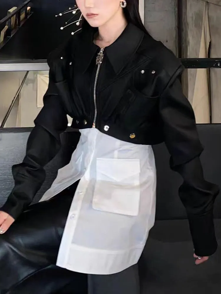 Colorblock Detachable Vintage Jackets For Women Lapel Long Sleeve Patchwork Zipper Casual Jacket Female Fashion