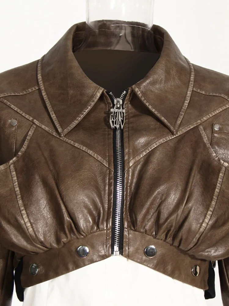 Colorblock Detachable Vintage Jackets For Women Lapel Long Sleeve Patchwork Zipper Casual Jacket Female Fashion
