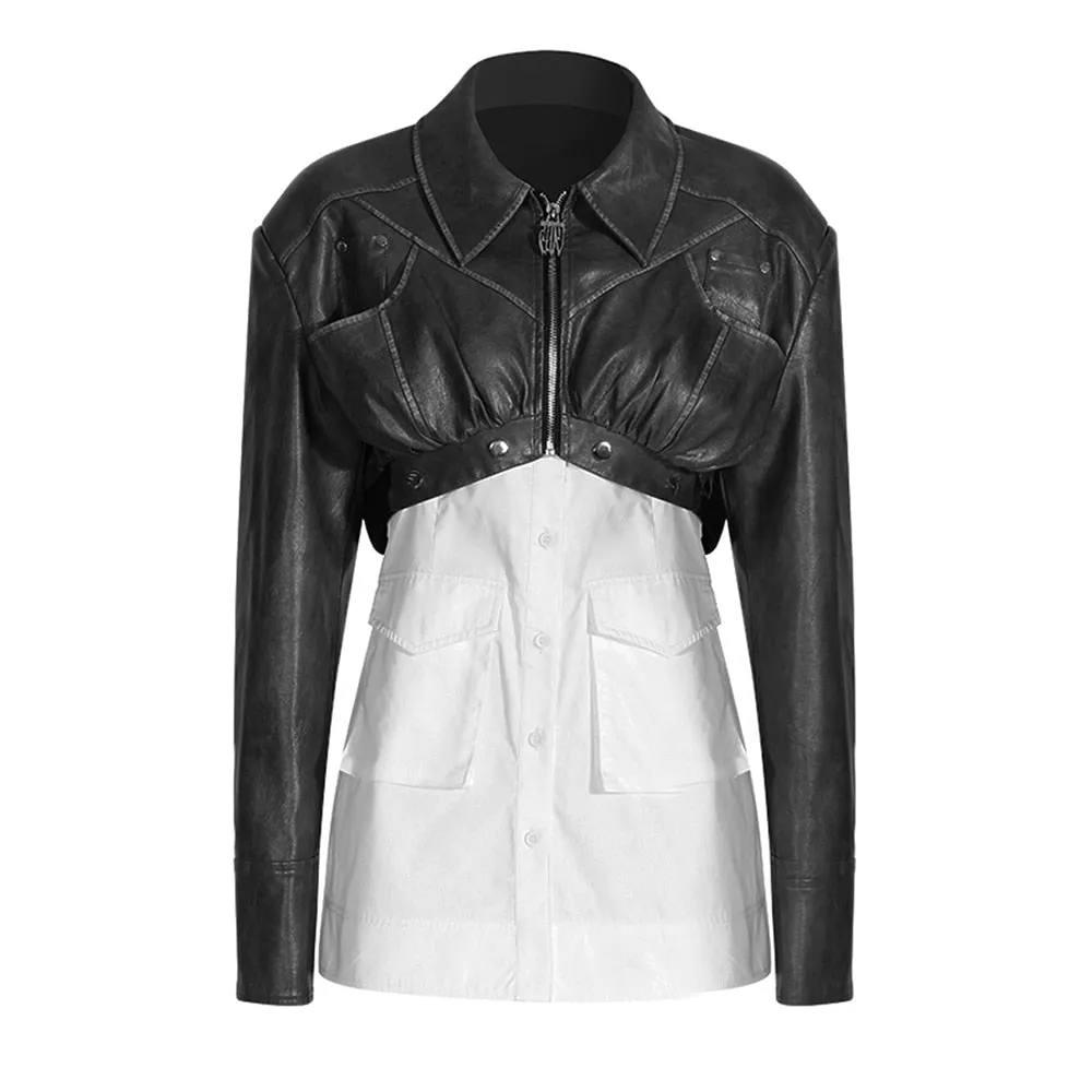 Colorblock Detachable Vintage Jackets For Women Lapel Long Sleeve Patchwork Zipper Casual Jacket Female Fashion