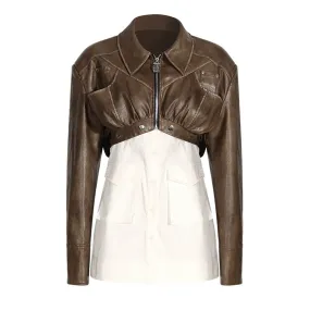 Colorblock Detachable Vintage Jackets For Women Lapel Long Sleeve Patchwork Zipper Casual Jacket Female Fashion