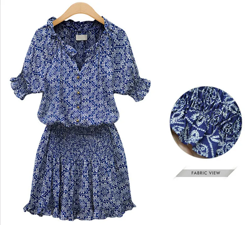 DUNNMALL  1122 European Station New Short Sleeve Printed Casual All-Match V-neck Dress