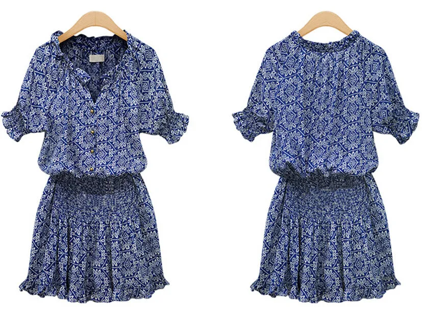 DUNNMALL  1122 European Station New Short Sleeve Printed Casual All-Match V-neck Dress