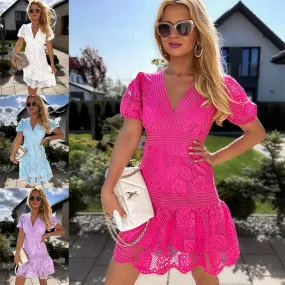 DUNNMALL  Cross-Border  European and American  New Lace Dress Ins Casual Fashion V-neck Zipper Dress Women