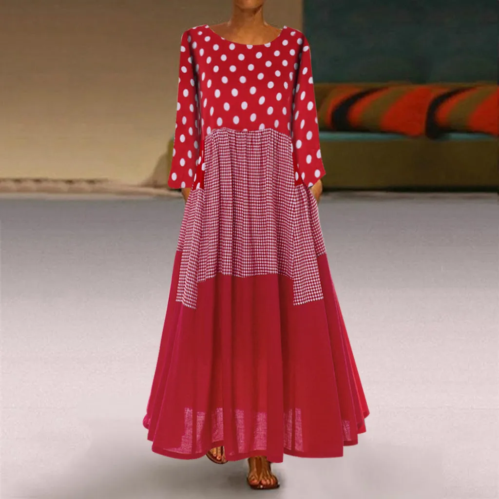 DUNNMALL  Cross-Border European and American plus Size Women's Clothes Dress round Neck Polka-Dot Long Dress plus Size Long Dress Skirt  Hot Sale