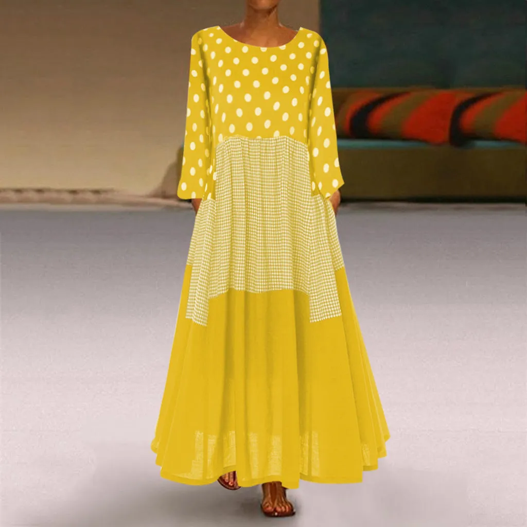 DUNNMALL  Cross-Border European and American plus Size Women's Clothes Dress round Neck Polka-Dot Long Dress plus Size Long Dress Skirt  Hot Sale