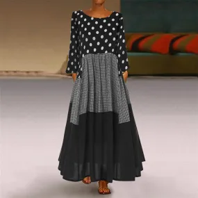 DUNNMALL  Cross-Border European and American plus Size Women's Clothes Dress round Neck Polka-Dot Long Dress plus Size Long Dress Skirt  Hot Sale