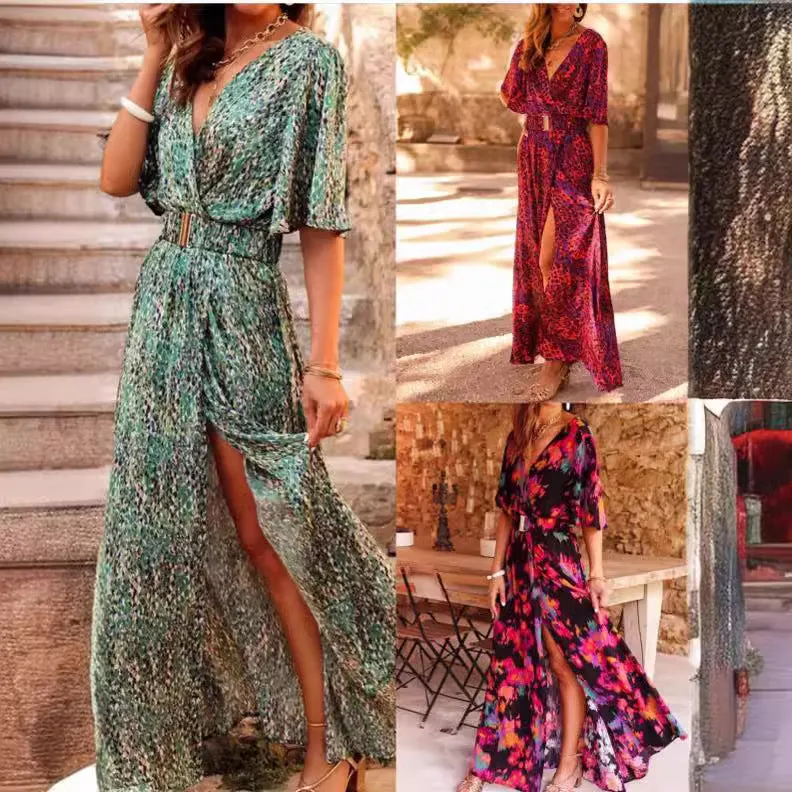 DUNNMALL  Cross-Border Spring and Summer New European and American Style Dress Slimming Printed Cinched Mid-Length Dress Temperament Short Sleeve Dress