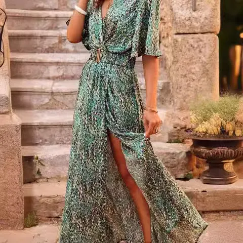 DUNNMALL  Cross-Border Spring and Summer New European and American Style Dress Slimming Printed Cinched Mid-Length Dress Temperament Short Sleeve Dress