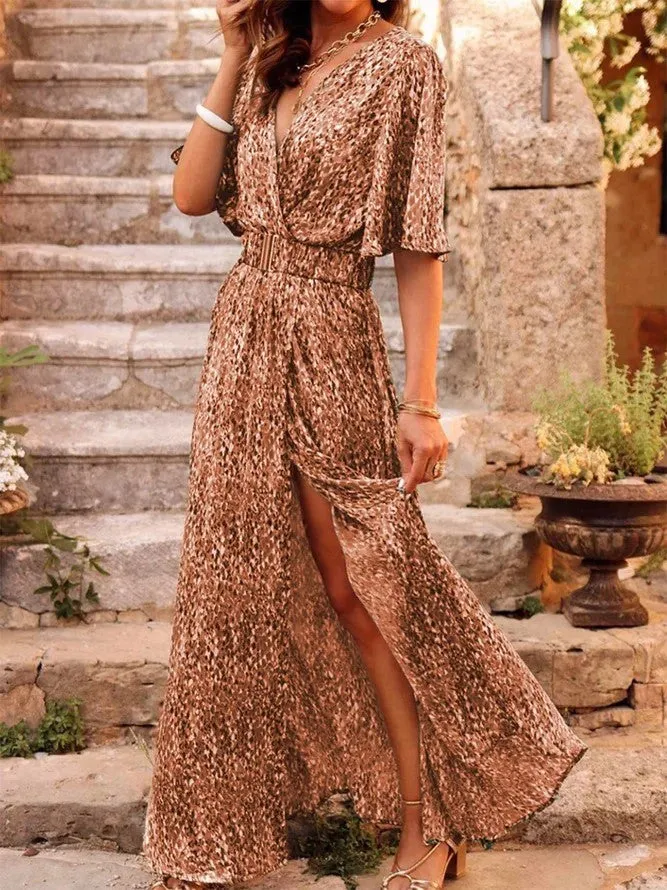 DUNNMALL  Cross-Border Spring and Summer New European and American Style Dress Slimming Printed Cinched Mid-Length Dress Temperament Short Sleeve Dress