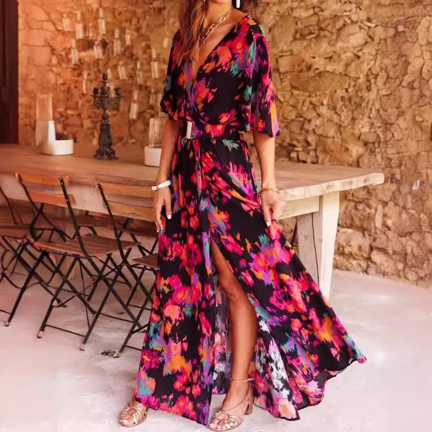 DUNNMALL  Cross-Border Spring and Summer New European and American Style Dress Slimming Printed Cinched Mid-Length Dress Temperament Short Sleeve Dress