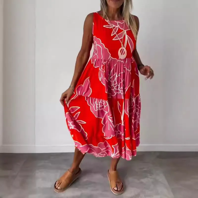 DUNNMALL  Europe and America Cross Border Summer New Product Women's Clothes Independent Station AliExpress Fashion Printed Sleeveless Lace-up Dress