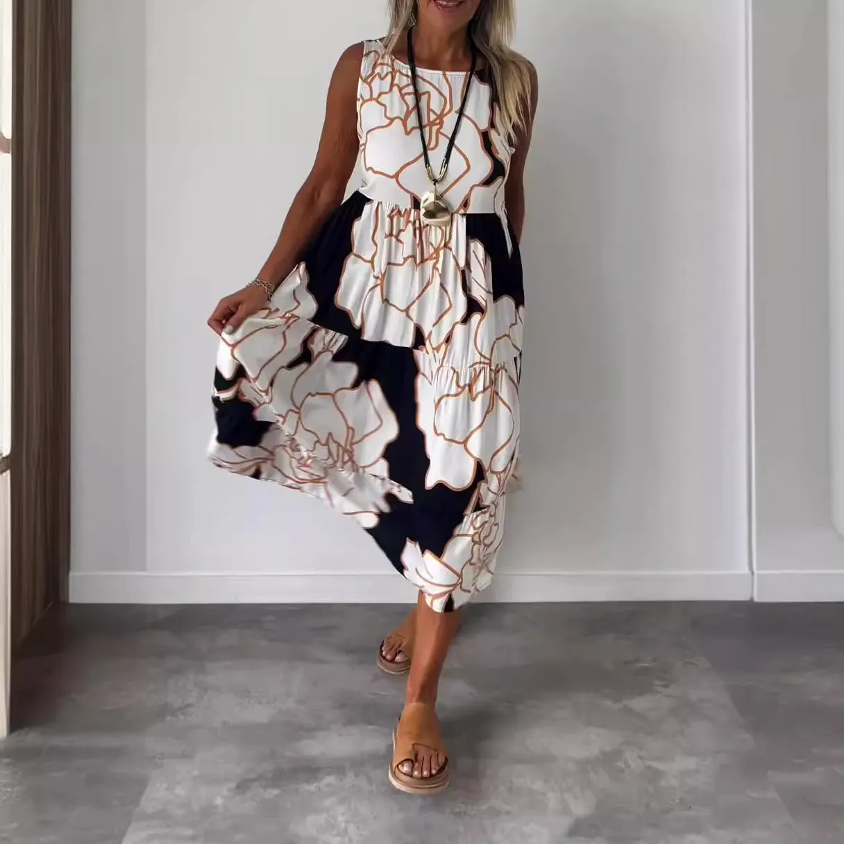 DUNNMALL  Europe and America Cross Border Summer New Product Women's Clothes Independent Station AliExpress Fashion Printed Sleeveless Lace-up Dress