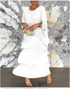 DUNNMALL  European and American Fashion New Style Hot Sale at  Chiffon Mesh Batwing Sleeve round-Neck Long Dress