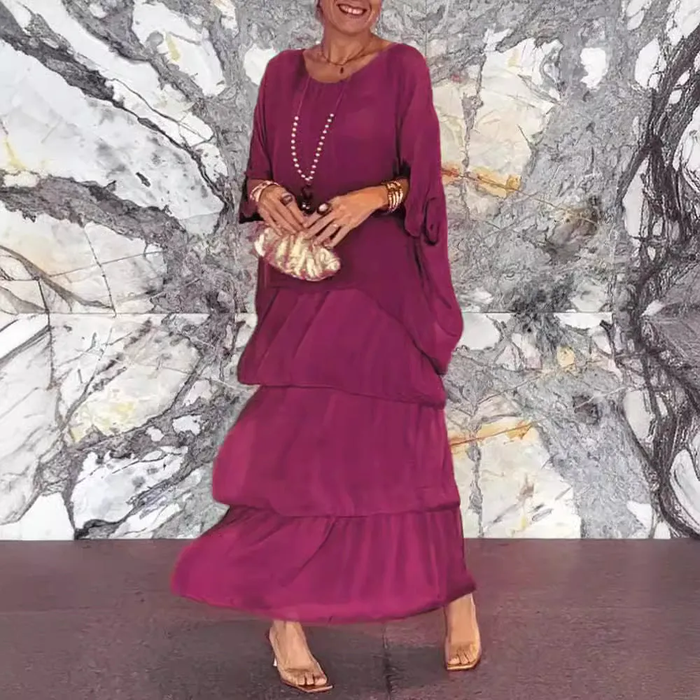 DUNNMALL  European and American Fashion New Style Hot Sale at  Chiffon Mesh Batwing Sleeve round-Neck Long Dress