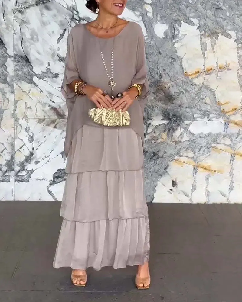 DUNNMALL  European and American Fashion New Style Hot Sale at  Chiffon Mesh Batwing Sleeve round-Neck Long Dress
