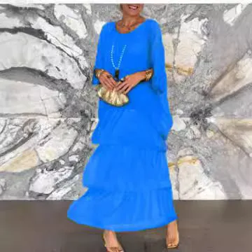 DUNNMALL  European and American Fashion New Style Hot Sale at  Chiffon Mesh Batwing Sleeve round-Neck Long Dress