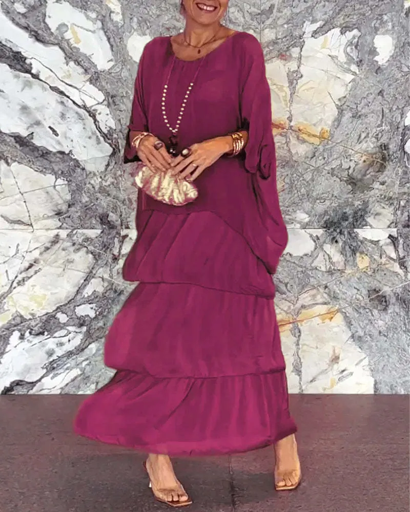 DUNNMALL  European and American Fashion New Style Hot Sale at  Chiffon Mesh Batwing Sleeve round-Neck Long Dress