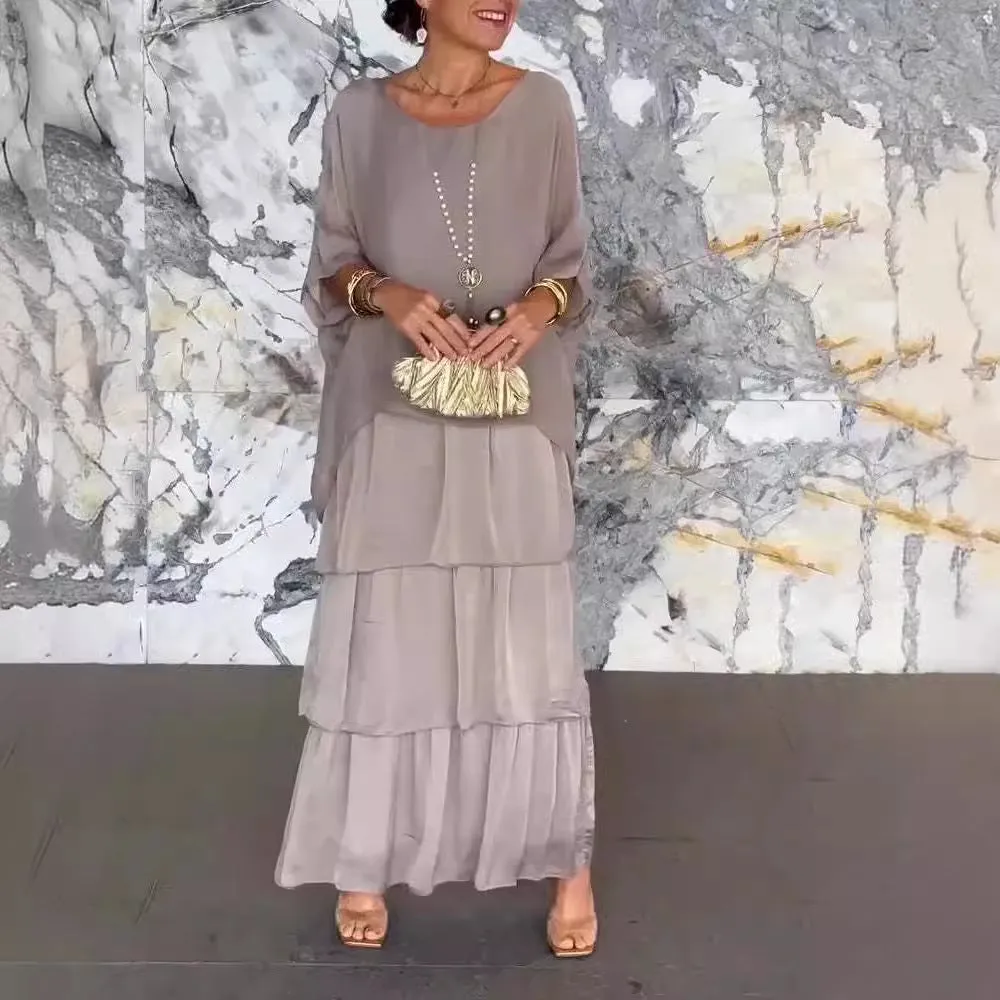 DUNNMALL  European and American Fashion New Style Hot Sale at  Chiffon Mesh Batwing Sleeve round-Neck Long Dress