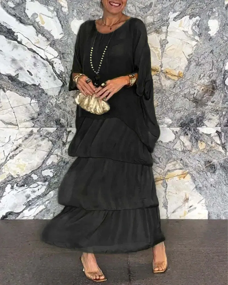 DUNNMALL  European and American Fashion New Style Hot Sale at  Chiffon Mesh Batwing Sleeve round-Neck Long Dress