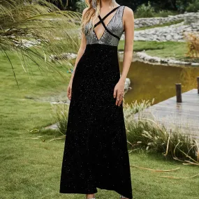 DUNNMALL  European and American Foreign Trade New Sequin Stitching Dress V-neck Design Sexy Backless Sleeveless Party Dress