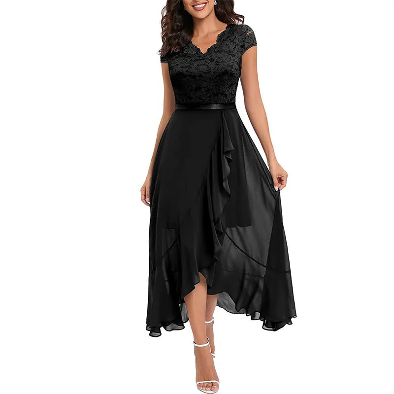DUNNMALL  European and American New Foreign Trade Party Dress Wish  Dress V-neck Sleeveless Lace Mesh Large Swing Dress