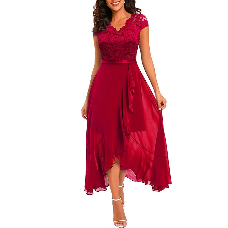 DUNNMALL  European and American New Foreign Trade Party Dress Wish  Dress V-neck Sleeveless Lace Mesh Large Swing Dress